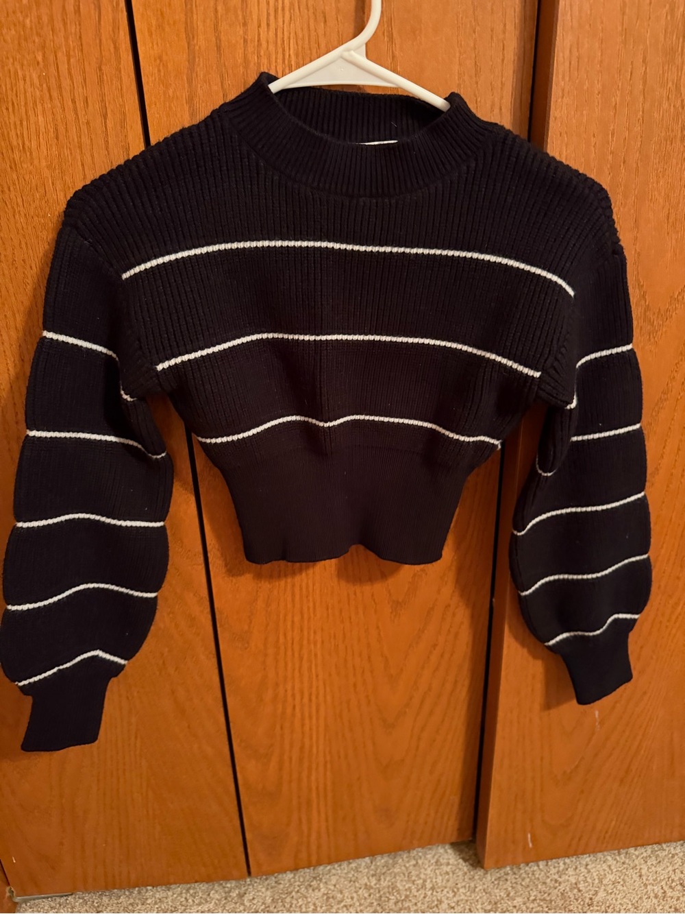 Altar'd State Black Cropped Ribbed Crew Sweater with White Stripes